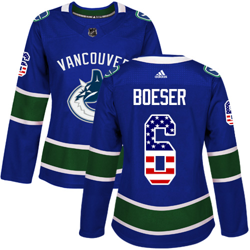 Adidas Canucks #6 Brock Boeser Blue Home Authentic USA Flag Women's Stitched NHL Jersey